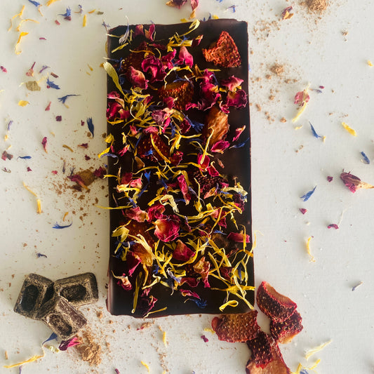 Dark Chocolate - Edible Flowers & Dried Strawberries